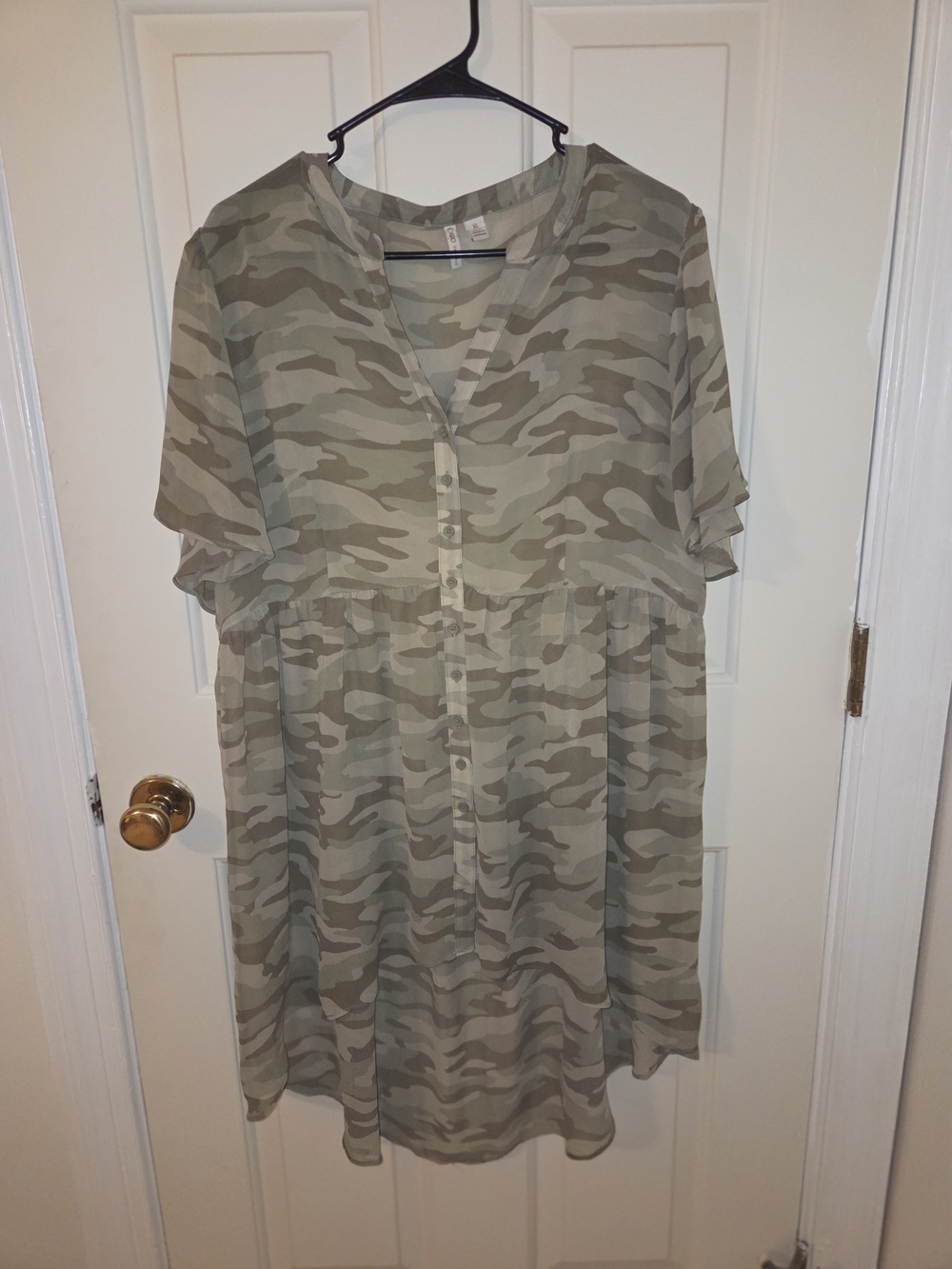 Cato Camo Print Button-Front Short Sleeve Blouse - Olive/Taupe
